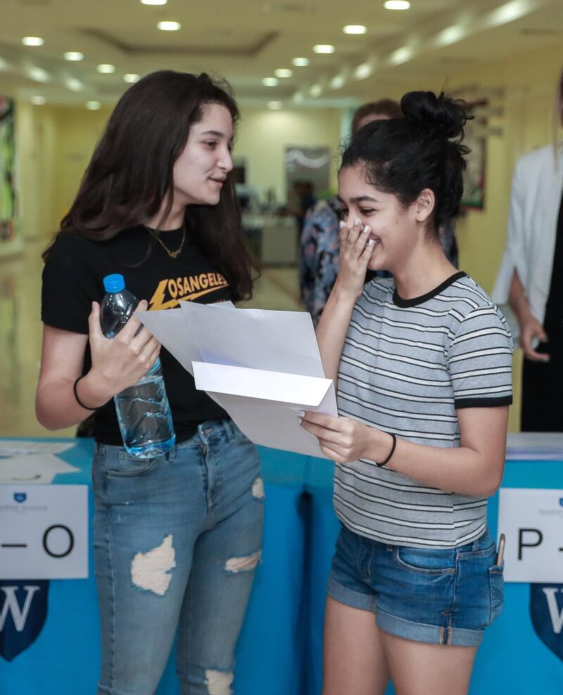 Dubai, U.A.E., August 23 , 2018.  GCSE results coverage at the GEMS Wellington International School.  (L-R) Sama Nabulsi-16 and Vanya Srivastava-16
Victor Besa/The National
Section:  NA
Reporter:  Nick Webster