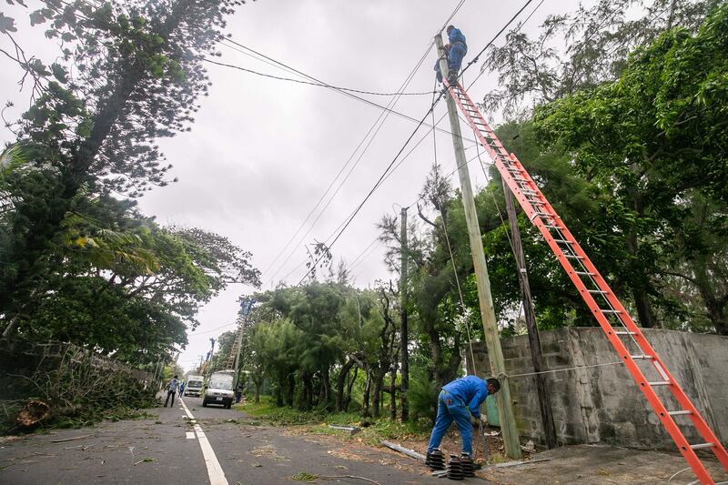 Electricity workers try to repair a power line disrupted by Cyclone Batsirai in Pointe d'Esny on the Indian Ocean island of Mauritius. AFP