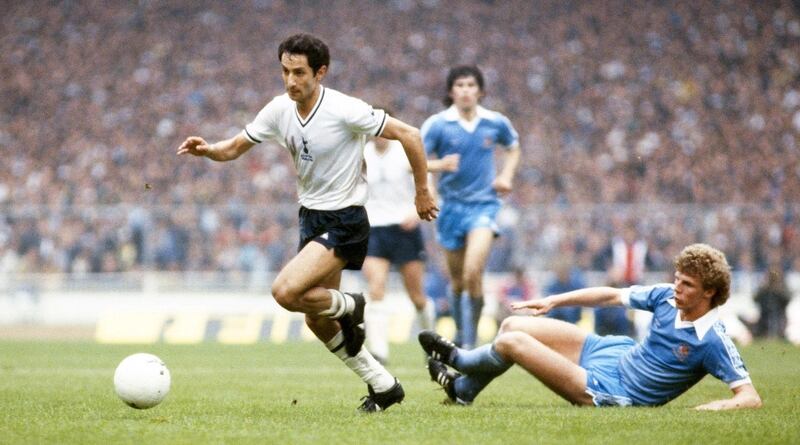 LONDON, UNITED KINGDOM - MAY 09: Spurs player Osvaldo Ardiles skips the challenge of Man City defender Tommy Caton during the 1981 FA Cup Final replay between Tottenham Hotspur and Manchester City at Wembley Stadium on May 9, 1981 in London, England,  (Photo by Duncan Raban/Allsport/Getty Images)