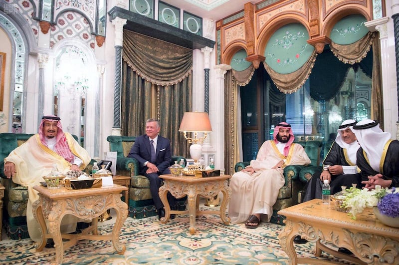 Saudi Arabia's King Salman with King Abdullah of Jordan, Saudi Crown Prince Mohammed bin Salman and Kuwait foreign minister Sheikh Sabah Khalid Al Hamad. Saudi Press Agency