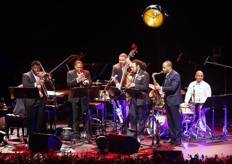 Jazz artist Wynton Marsalis (second from left) performing in concert with his team at Emirates Palace as part of the Abu Dhabi festival in Abu Dhabi. Ravindranath K / The National

