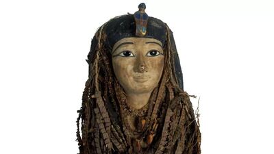The ornate wooden funerary mask of 18th-dynasty pharaoh Amenhotep I. The pharaoh's mummy was studied for the first time since its excavation in 1881 using non-invasive imaging techniques.