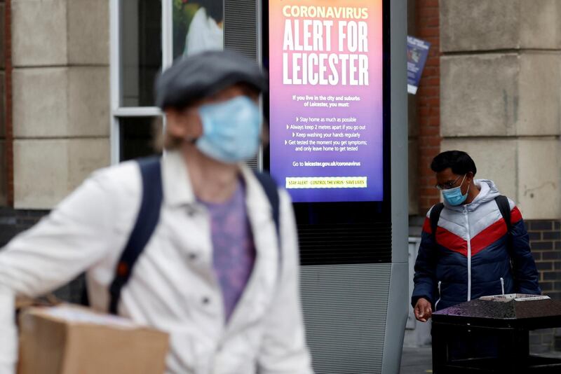 An NHS alert message is seen on a street, following a local lockdown imposed amid the coronavirus disease (COVID-19) outbreak, in Leicester, Britain. REUTERS