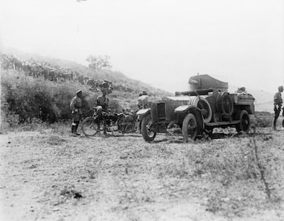 M9XGAJ . The Battle of Megiddo, September 1918: A Light Armoured Car patrol in the hills above Samaria. Alamy Stock Photo