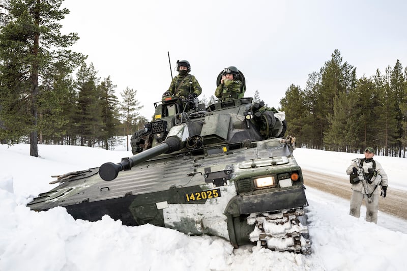 Swedish soldiers join Finnish hunting units in Hetta, northern Finland, for an exercise that is part of the Nordic Response. EPA