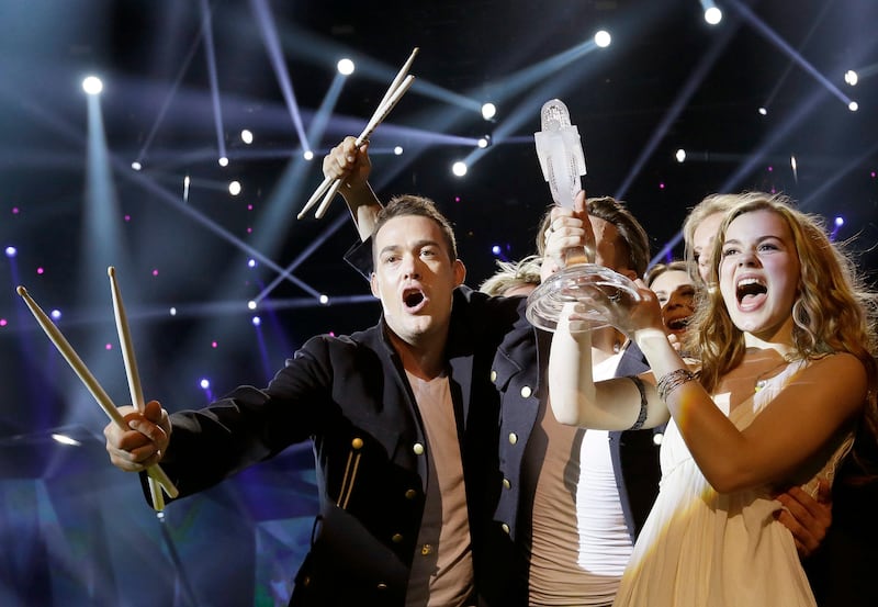 Winner of the 2013 Eurovision Song Contest Emmelie de Forest of Denmark who sang "Only Teardrops," celebrates with the trophy after the final at the Malmo Arena in Malmo, Sweden, Saturday, May 18, 2013. The contest is run by European television broadcasters with the event being held in Sweden as they won the competition in 2012. (AP Photo/Alastair Grant) *** Local Caption ***  APTOPIX Sweden Eurovision.JPEG-03691.jpg