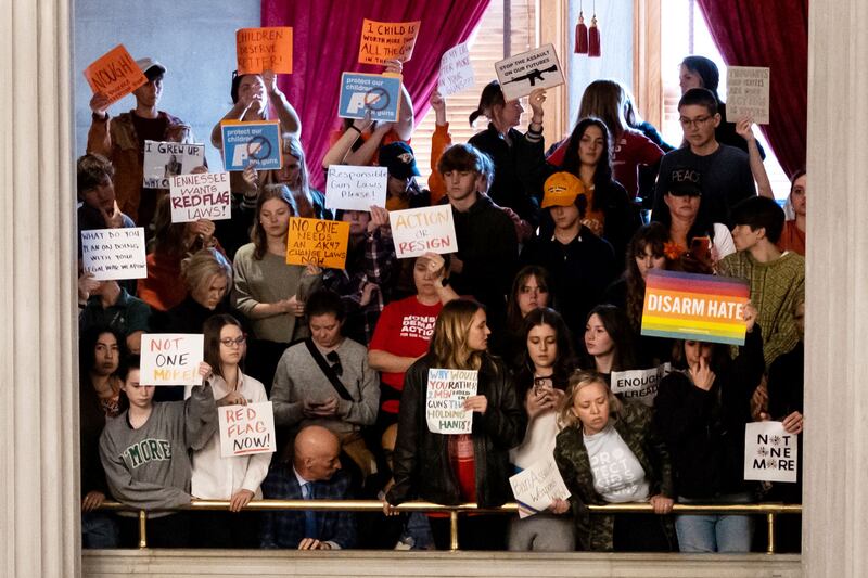 Protesters inside the Tennessee State Capitol in Nashville on March 30 call for an end to gun violence and stronger laws. AFP