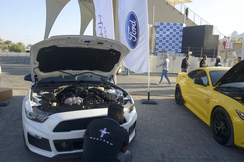 Abu Dhabi, United Arab Emirates - Mustangs models such as Rouch, Shelby Super Snake and Shelby GT350 were displayed at the Drag Race Car Show event sponsored by Premium Motors & organized by Emirates Mustang Club at Yas Marina Circuit on January 29, 2018. (Khushnum Bhandari/ The National)
