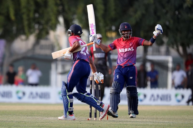 DUBAI , UNITED ARAB EMIRATES , January 28 – 2019 :- Players of Nepal celebrating after Nepal won the match by 4 wickets in the one day international cricket match between UAE vs Nepal held at ICC cricket academy in Dubai. ( Pawan Singh / The National ) For Sports. Story by Paul