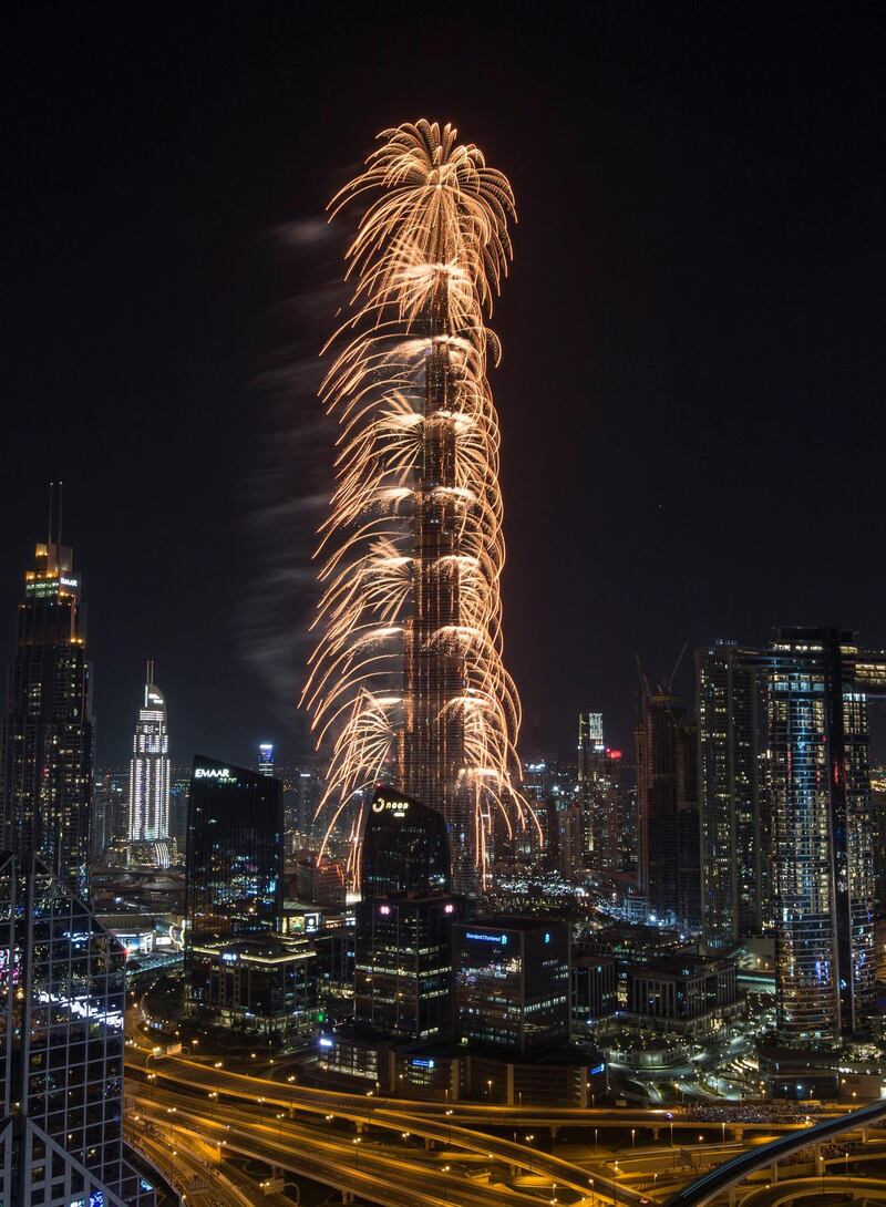 Dubai, United Arab Emirates - Burj Khalifa's New Year's eve fireworks taken from Shangri-La Hotel's roof top. Ruel Pableo for The National