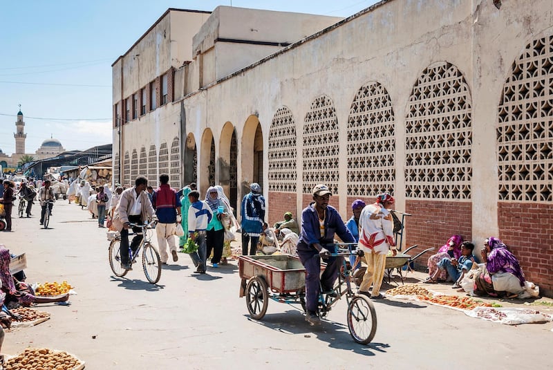 HB055B street in central market shopping area of asmara city eritrea