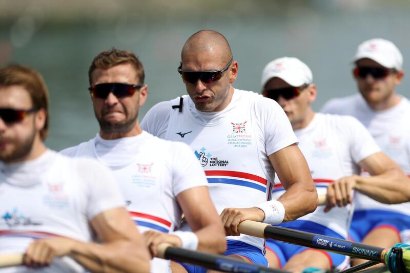 LINZ, AUSTRIA - AUGUST 27: Moe Sbihi of Great Britain in action during the Men's 8 heat 2 race during Day Three of the 2019 World Rowing Championships on August 27, 2019 in Linz-Ottensheim, Austria. (Photo by Naomi Baker/Getty Images)