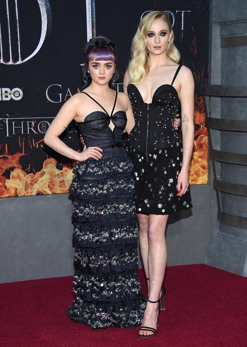 Maisie Williams (Arya Stark), left, and Sophie Turner (Sansa Stark) arrive for the 'Game of Thrones' final season premiere at Radio City Music Hall on April 3, 2019 in New York. AFP