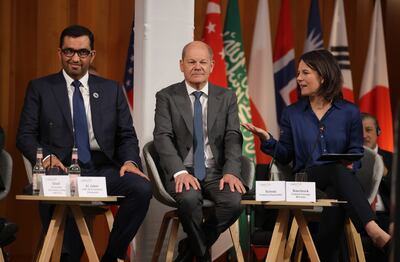 Dr Sultan Al Jaber, President-designate of Cop28, with German Chancellor Olaf Scholz and Foreign Minister Annalena Baerbock at a climate summit this week in Berlin. Getty 
