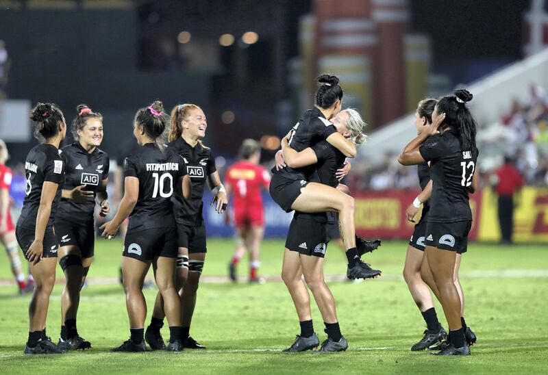 Dubai, United Arab Emirates - December 07, 2019: New Zealand celebrate the win after the match between New Zealand and Canada in the womens final at the HSBC rugby sevens series 2020. Saturday, December 7th, 2019. The Sevens, Dubai. Chris Whiteoak / The National