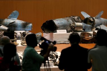 Remains of missiles that the Saudi government says were used to attack an Aramco oil facility on display at a news conference in Riyadh on September 18, 2019. Reuters, file