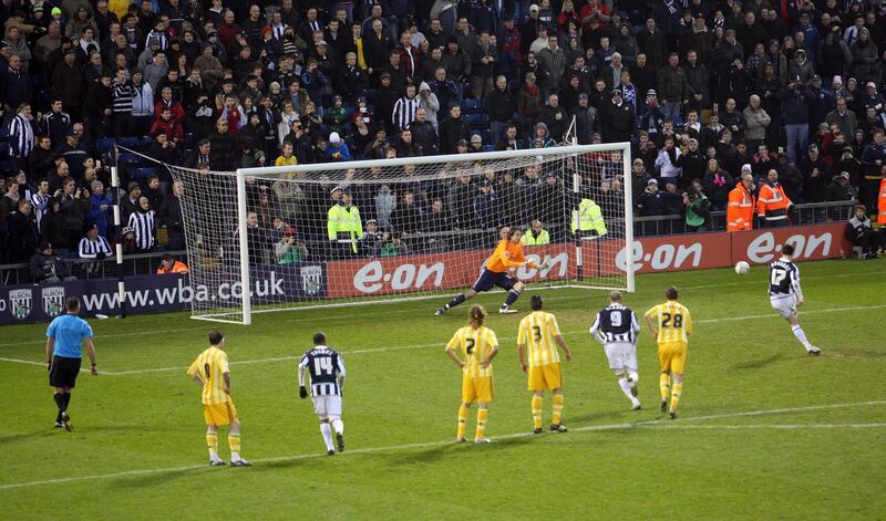 WEST BROMWICH, UNITED KINGDOM - JANUARY 23: Graham Dorrans scores the third West Bromwich goal from the penalty spot during the fourth round match of The FA Cup, sponsored by E.ON, between West Bromwich Albion and Newcastle United at The Hawthorns on January 23, 2010 in West Bromwich, England. (Photo by Ian Horrocks/Newcastle United via Getty Images)