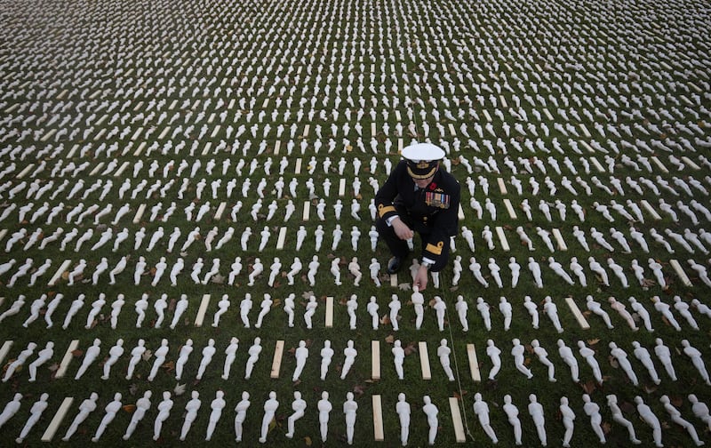 Some of the 19,420 figurines that were  laid out on College Green as part of the '19240 Shrouds of the Somme' art installation on November 11, 2016 in Bristol