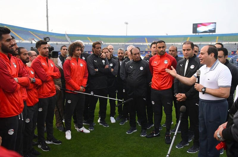 President El Sisi speaks to the Egyptian football team as they prepare for a campaign to win the Africa Cup of Nations for a record-extending eighth time.  AFP
