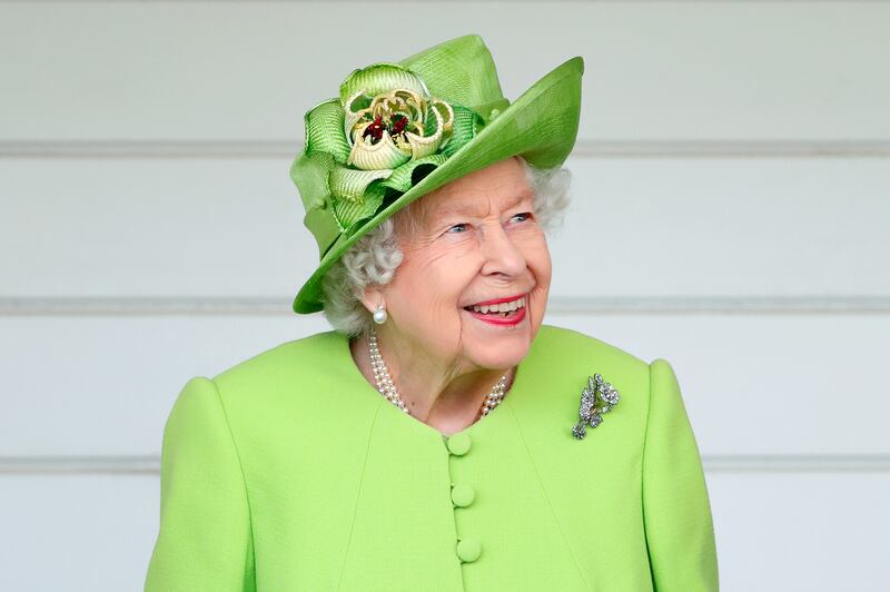 Queen Elizabeth II wears the Vanguard rose brooch, which she received in 1944 from Messrs John Brown and Co, at the Royal Windsor Cup polo match in July 2021. Photo: Max Mumby / Indigo / Getty Images