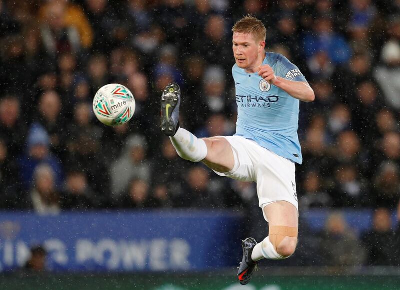 Soccer Football - Carabao Cup Quarter-Final - Leicester City v Manchester City - King Power Stadium, Leicester, Britain - December 18, 2018  Manchester City's Kevin De Bruyne in action         REUTERS/Darren Staples  EDITORIAL USE ONLY. No use with unauthorized audio, video, data, fixture lists, club/league logos or "live" services. Online in-match use limited to 75 images, no video emulation. No use in betting, games or single club/league/player publications.  Please contact your account representative for further details.     TPX IMAGES OF THE DAY