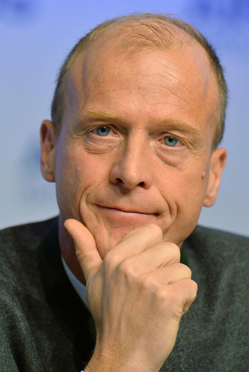 FILE - In this Feb. 27, 2015 file photo, Airbus Group CEO Tom Enders smiles during the Airbus Group press conference on the 2014 annual results in Munich, southern Germany. European airplane maker Airbus said Friday, Dec. 15, 2017 chief executive Tom Enders will step down in April 2019. (AP Photo/Kerstin Joensson, File)