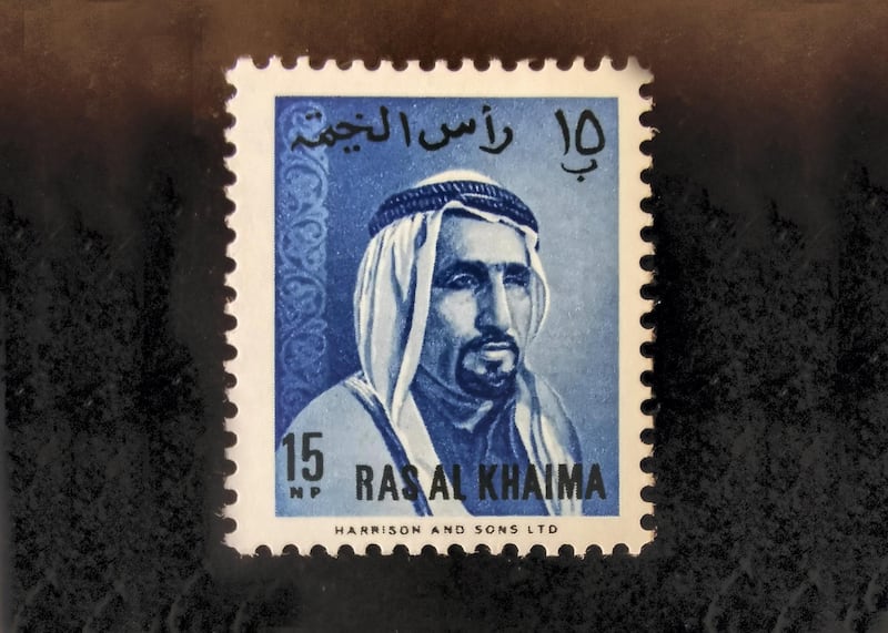 One of the first three stamps issued by the Government of Ras Al Khaimah on December 21, 1964, showing Sheikh Saqr bin Mohammed Al Qasimi, ruler of Ras Al Khaimah from 1948 to 2010. Courtesy Ritz-Carlton