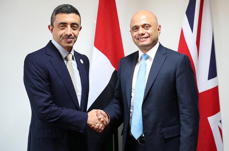 Sheikh Abdullah bin Zayed Al Nahyan, Minister of Foreign Affairs and International Cooperation, met with Sajid Javid, UK home secretary in London. Wam