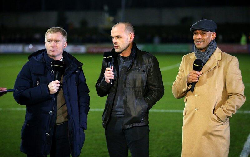 Paul Scholes, part owner of Salford City and former players/BBC punits Danny Murphy and Trevor Sinclair talk prior to the FA Cup second round match between Salford City and Hartlepool on Friday night. Alex Livesey / Getty Images / December 4, 2015