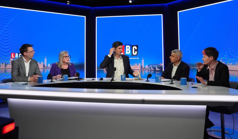Liberal Democrat candidate Rob Blackie, Conservative candidate Susan Hall, Mr Khan and Green party candidate Zoe Garbett during the LBC London mayoral debate. PA