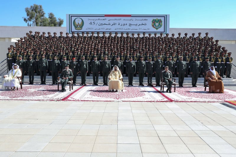 His Highness Sheikh Mohammed bin Rashid Al Maktoum, Vice President, Prime Minister of the UAE and Ruler of Dubai, on Wednesday attended the graduation ceremony of the 45th batch of cadet officers from Zayed II Military College in Al Ain. Dubai media office twitter