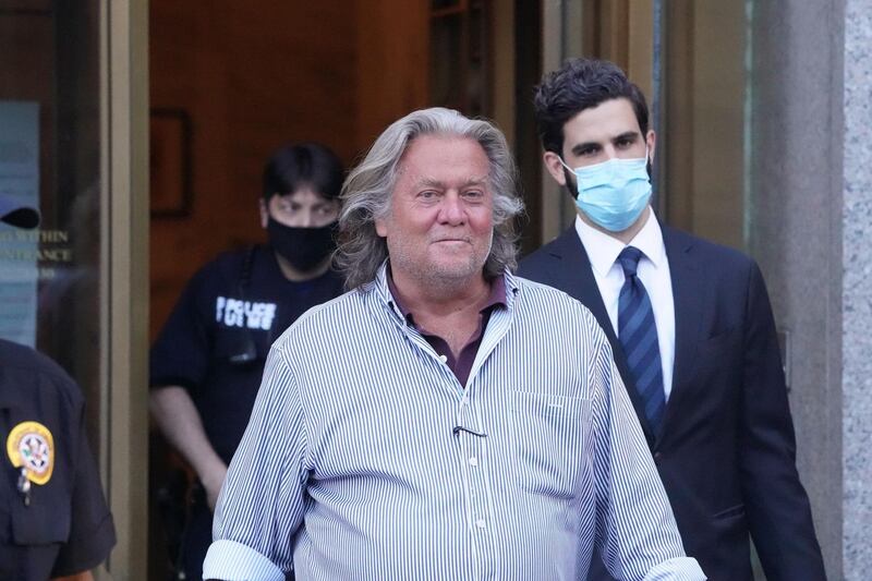US President Donald Trump's former Chief Strategist Stephen Bannon exits Manhattan Federal Court following his arraignment on fraud charges over allegations that he used money from his group "We Build The Wall" on personal expenses in New York, August 20, 2020. AFP