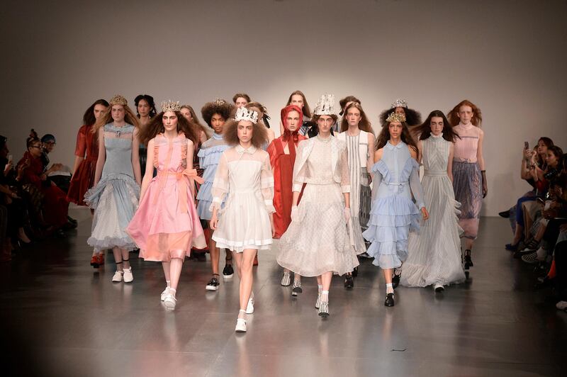 Models display creations from the Bora Aksu Spring/Summer 2108 collection show at London Fashion Week in London, Britain September 15, 2017. REUTERS/Mary Turner