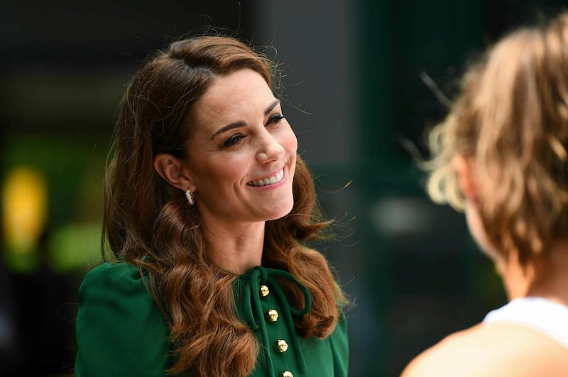 Britain's Kate, the Duchess of Cambridge meets junior players ahead of the Women's Final match on day twelve of the Wimbledon Tennis Championships in London, Saturday, July 13, 2019. Photo: AP