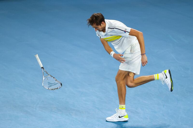 Daniil Medvedev smashes his racquet off the ground. AFP