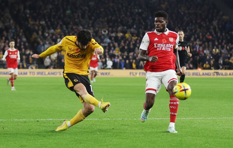 Goncalo Guedes – 7. The forward was a little unfortunate not to be awarded a penalty after tangling with Saliba and he continued to worry the leaders, first firing over the bar after good work from Adama Traore before his strike was deflected wide after an error from Saliba. Reuters