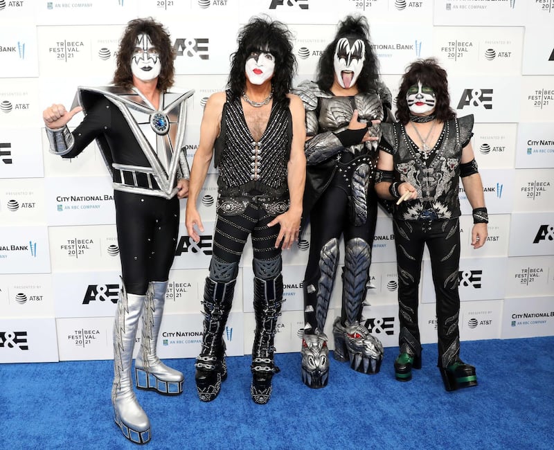 Tommy Thayer, Paul Stanley, Gene Simmons, and Eric Singer of Kiss attend the 2021 Tribeca Festival screening of 'Biography: KISStory' at The Battery on June 11, 2021. AFP
