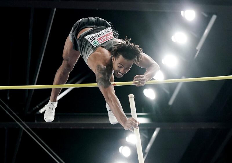 Germany's Bo Kanda Lita Baehre in action during qualifying for the men's pole vault at the European Indoor Athletics Championships in Torun, Poland, on Saturday, March 6. Reuters