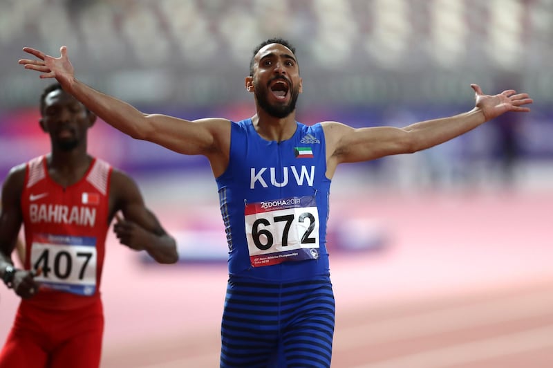 Kuwait's Yousef Karam celebrates after winning the Final of the 400m race on the second day of the 23rd Asian Athletics Championships at Khalifa International Stadium in the Qatari capital Doha on April 22, 2019. (Photo by AFP)
