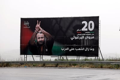 A billboard shows an image of Marwan Barghouti near the West Bank city of Nablus, in 2022. EPA
