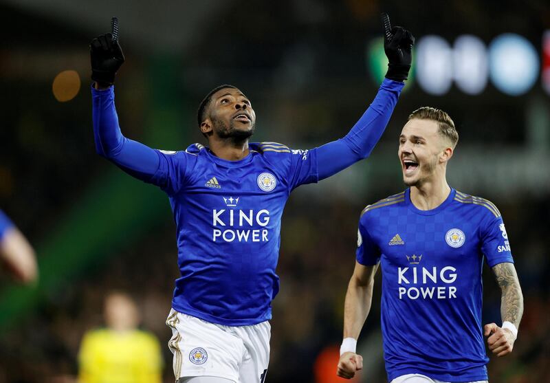 Leicester's Kelechi Iheanacho celebrates scoring only for it to be disallowed following a referral to VAR. Reuters