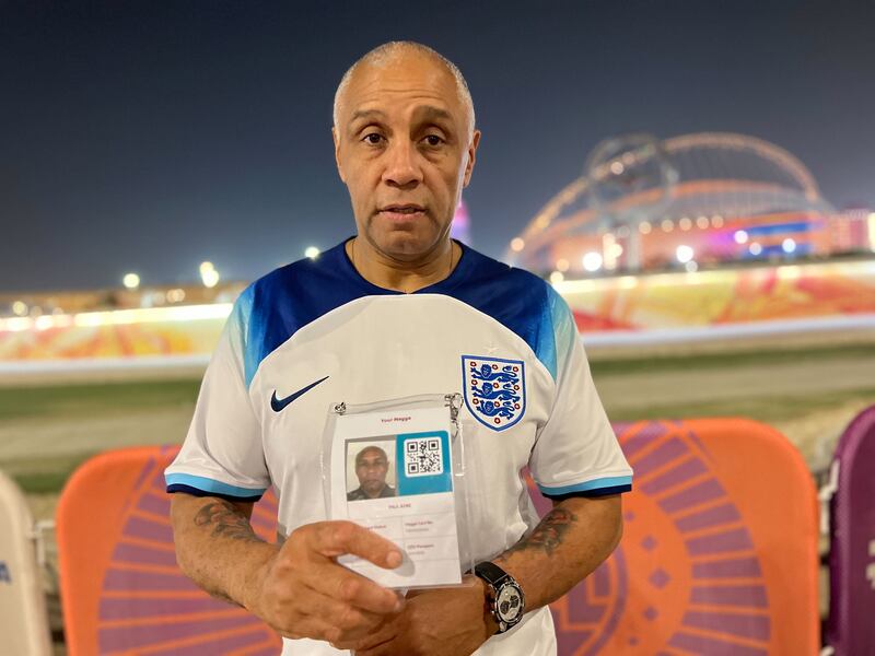 England fan Paul Bine with the Hayya card that did not help him gain entry to Khalifa International Stadium for the World Cup tussle with Iran. Andy Scott / The National