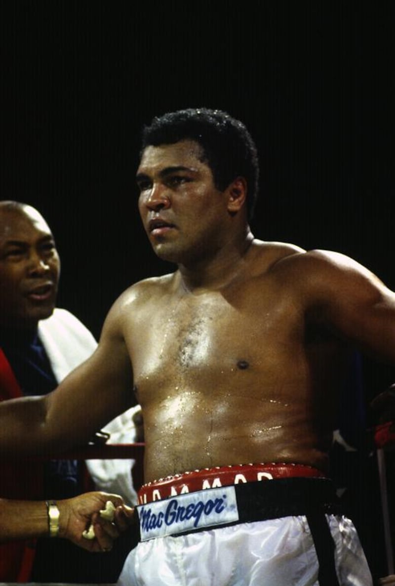 Mohammad Ali standing in his corner during a heavyweight fight against Trevor Berbick December 11, 1981. It wasto be Ali's last competitive fight and his final bout before he came to the UAE. Focus on Sport / Getty Images