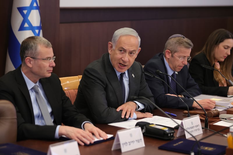 Israeli Prime Minister Benjamin Netanyahu speaks at a cabinet meeting in Jerusalem on April 30. AP