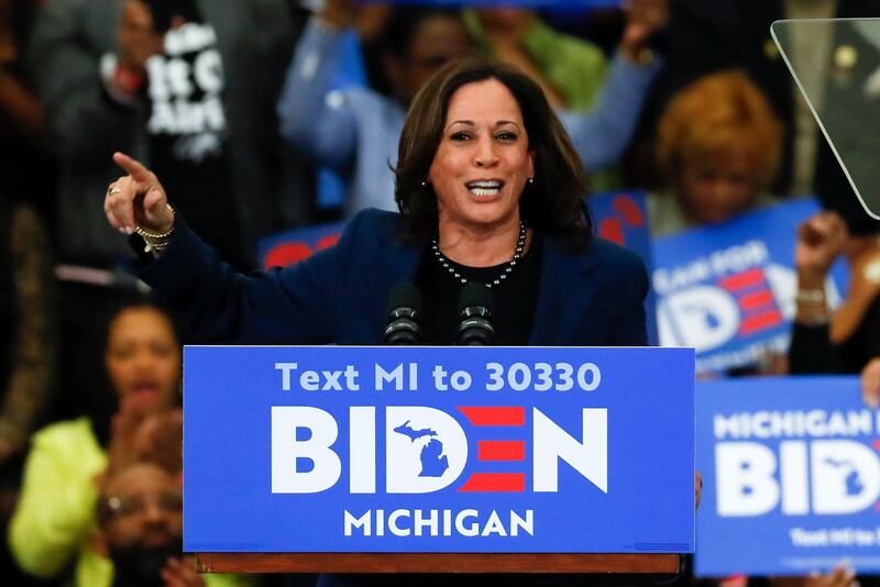 FILE - In this March 9, 2020, file photo, Sen. Kamala Harris, D-Calif., speaks at a campaign rally for Democratic presidential candidate former Vice President Joe Biden at Renaissance High School in Detroit. Before Joe Biden named Harris his running mate, womenâ€™s groups were readying a campaign of their own: Shutting down sexist coverage and disinformation about a vice presidential nominee they say is headed for months of false smears and â€œbrutalâ€ attacks from internet haters.  (AP Photo/Paul Sancya, File)