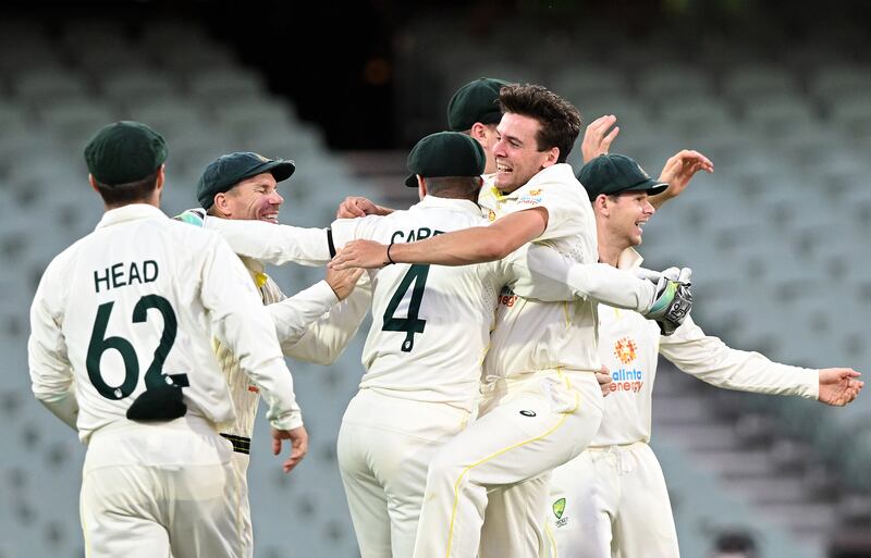 Jhye Richardson, right, picked up five wickets to help Australia win the second Ashes Test against England in Adelaide on Monday, December 20, 2021. EPA