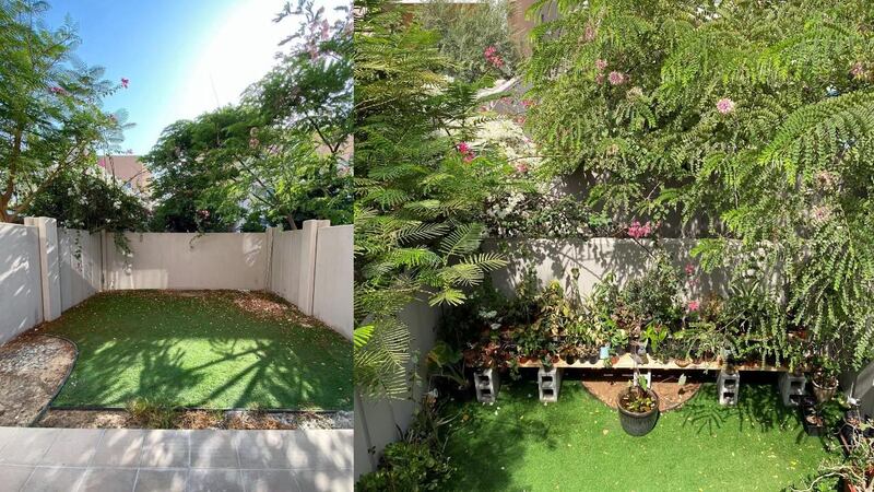 Harly Sabater's garden before he started working on it, left, and after, right.