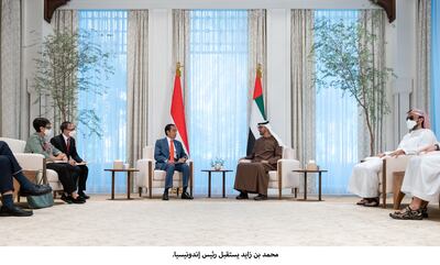 Sheikh Mohamed bin Zayed, Crown Prince of Abu Dhabi and Deputy Supreme Commander of the UAE Armed Forces, meets with Joko Widodo, President of Indonesia, at Al Shati Palace.  Rashed Al Mansoori  /  Ministry of Presidential Affairs 