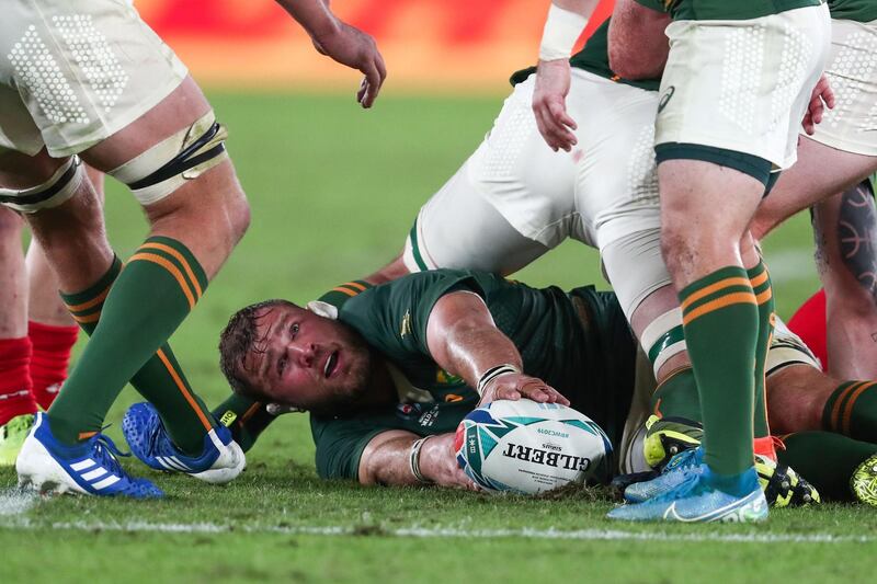 South Africa's number 8 Duane Vermeulen holds onto the ball during the Japan 2019 Rugby World Cup semi-final match between Wales and South Africa at the International Stadium Yokohama in Yokohama.  AFP