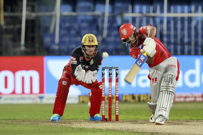 Mayank Agarwal of Kings XI Punjab  plays a shot during match 31 of season 13 of the Indian Premier League (IPL ) between the Royal Challengers Bangalore and the Kings XI Punjab held at the Sharjah Cricket Stadium, Sharjah in the United Arab Emirates on the 15th October 2020.  Photo by: Rahul Gulati  / Sportzpics for BCCI
